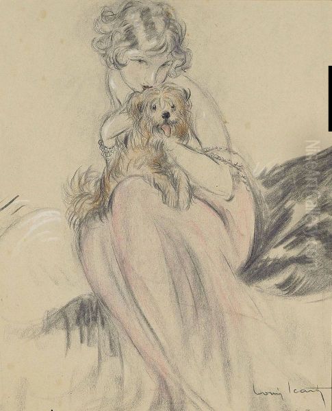 Girl With Terrier Oil Painting by Louis Icart