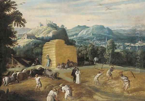 Summer A mountainous village landscape with peasants threshing wheat in a field Oil Painting by Gillis Mostaert