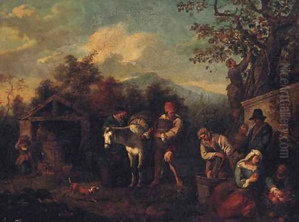 Peasants harvesting grapes Oil Painting by Paolo Monaldi