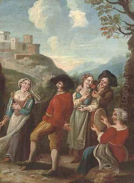 Company dancing and courting in a landscape Oil Painting by Paolo Monaldi