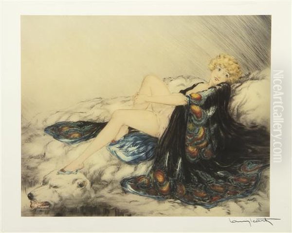 Lady On Bearskin Rug Oil Painting by Louis Icart