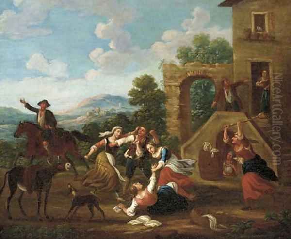 Countryfolk fighting before a house Oil Painting by Paolo Monaldi