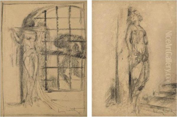 Female Figure By A Gate (variation On Dalila); And A Female Figure On Stairs Oil Painting by Louis Icart