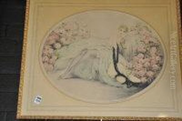 Oval Portrait Of A Belle Epoque Reclining Lady Oil Painting by Louis Icart