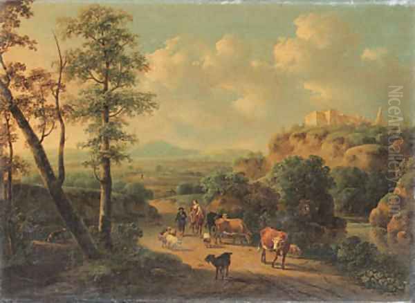 Peasants and cattle in an Italianate landscape Oil Painting by Cornelis Van Der Meulen