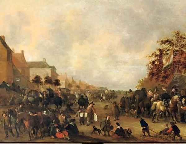 Horsemen, peasants and other figures in a busy village street Oil Painting by Hendrick De Meijer