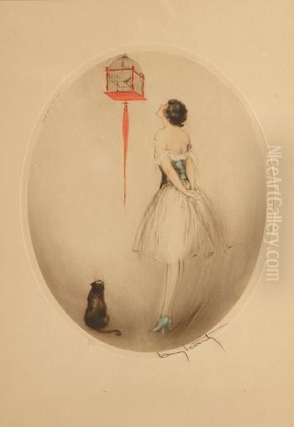 Red Cage Oil Painting by Louis Icart