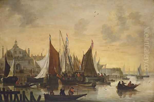 View of the Oude Hoofdpoort, Rotterdam, with sportsmen shooting duck in the foreground Oil Painting by Hendrick De Meijer