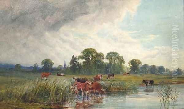 Cattle watering beside a River with a view of a Church Spire beyond Oil Painting by John MacPherson