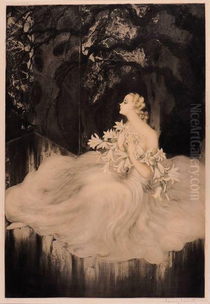 les Orchidees Et Dame Au Lys Oil Painting by Louis Icart