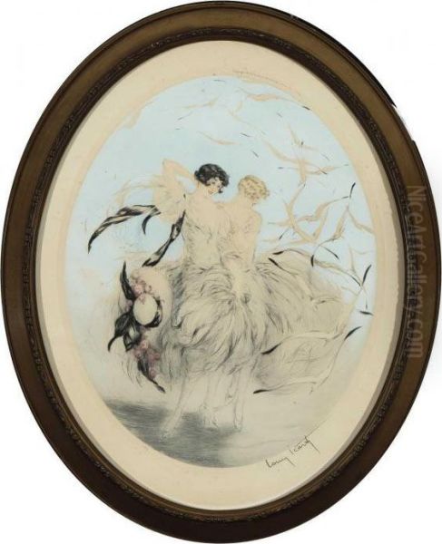 Deux Femmes Aux Oiseaux Oil Painting by Louis Icart