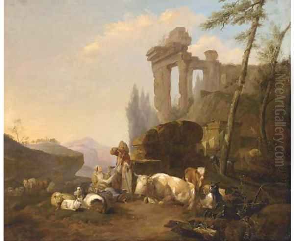 A classical landscape with a herdsman and his family resting by a fountain with their cattle and goats Oil Painting by Hendrik Mommers