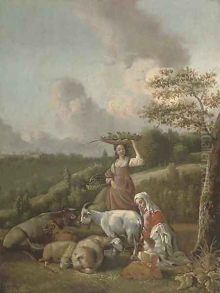 A mother and child milking a goat and a girl carrying baskets of fruit and vegetables in a wooded landscape Oil Painting by Hendrik Mommers