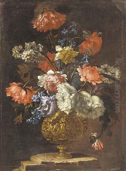 Carnations, narcissi, morning glory and peonies in a gilt vase on a ledge Oil Painting by Jean-Baptiste Monnoyer