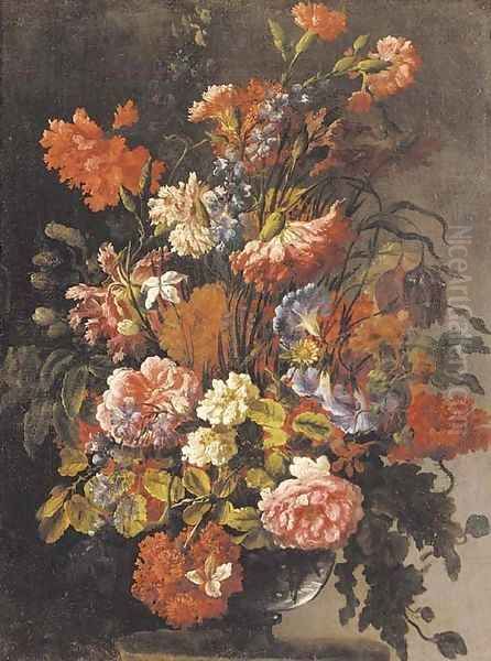 Carnations, peonies, morning glory and other flowers in a glass vase on a ledge Oil Painting by Jean-Baptiste Monnoyer