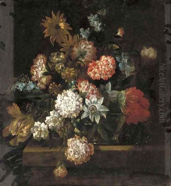 Crysanthemums, morning glory, a tulip and other flowers in a glass vase on a ledge Oil Painting by Jean-Baptiste Monnoyer