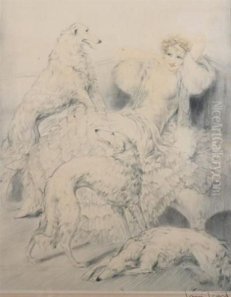 Femme Avec Deux Levriers Afghans by Louis Icart