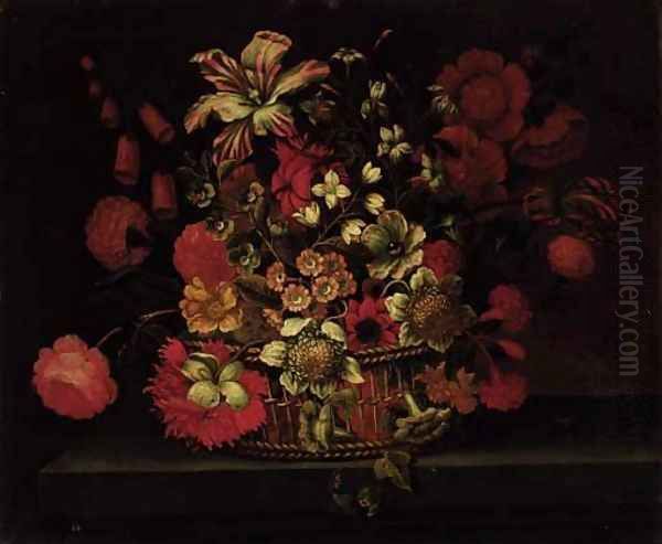 A basket of flowers on a ledge Oil Painting by Jean-Baptiste Monnoyer