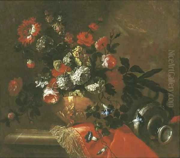 Flowers in a sculpted vase on a draped ledge Oil Painting by Jean-Baptiste Monnoyer