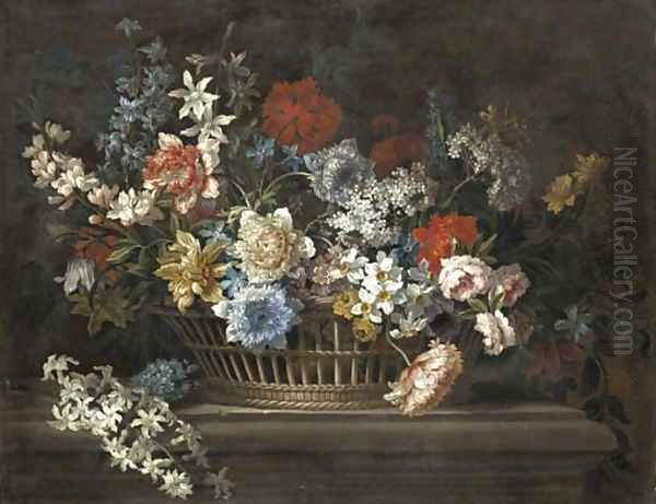 Peonies, narcissi, daffodils and other flowers in a basket on a stone ledge Oil Painting by Jean-Baptiste Monnoyer