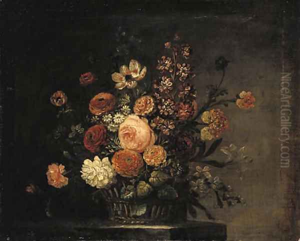 Roses, tulips, carnations and other flowers in a basket on a stone ledge Oil Painting by Jean-Baptiste Monnoyer