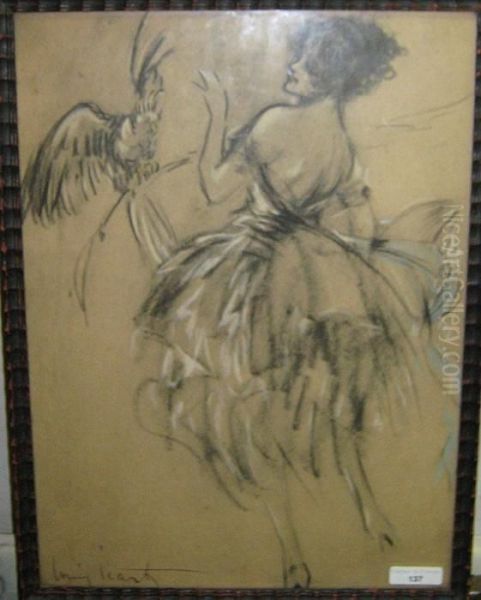 Dame In Baljurk En Papegaai Oil Painting by Louis Icart