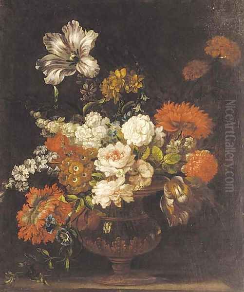 Roses, tulips, carnations, blue bells, morning glory and other flowers in an urn on a ledge Oil Painting by Jean-Baptiste Monnoyer