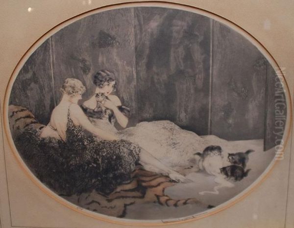 Ladies W/ Kittens Oil Painting by Louis Icart