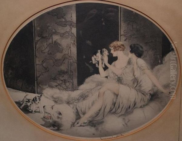 Ladies W/ Puppies Oil Painting by Louis Icart