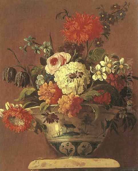 Carnations, daisies, a rose and other flowers in a chinoiserie bowl on a pedestal Oil Painting by Jean-Baptiste Monnoyer