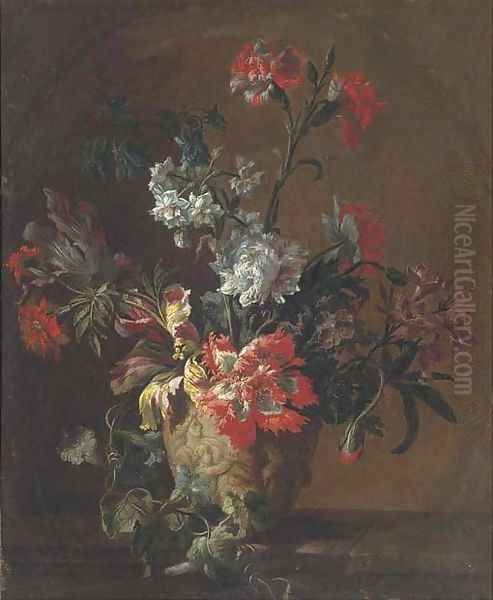 Carnations, parrot tulips, narcissi and other flowers in a sculpted urn on a ledge Oil Painting by Jean-Baptiste Monnoyer