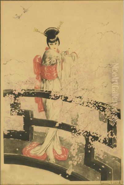 Etching In Color Of A Geisha On A Bridge (framed) Oil Painting by Louis Icart