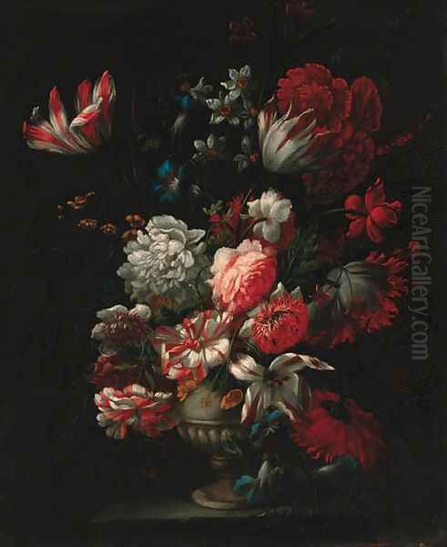 Carnations, tulips, narcisi, morning glory and other flowers in a vase on a ledge Oil Painting by Jean-Baptiste Monnoyer