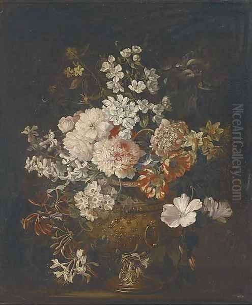 Chrysanthemums, peonies, narcissi, honeysuckle, hyacinth and other flowers in a sculpted urn on a ledge Oil Painting by Jean-Baptiste Monnoyer