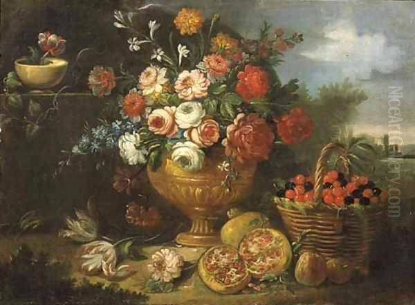 Mixed flowers in a vase with cherries in a basket Oil Painting by Jean-Baptiste Monnoyer