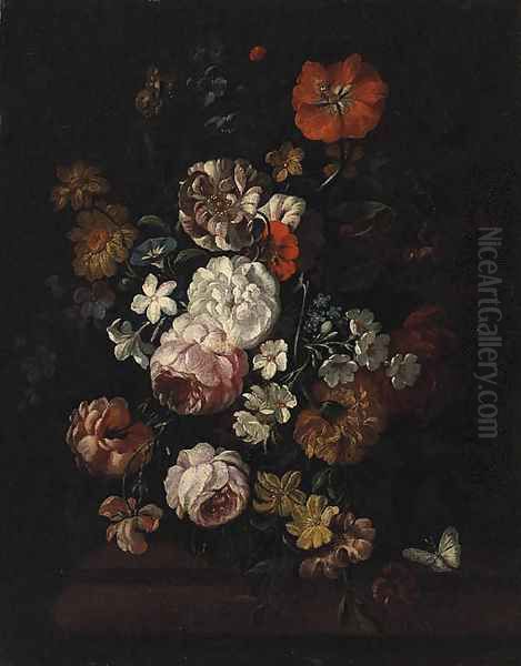 Pink and White Roses, a Poppy, Morning Glory and other Flowers in a Vase on a Ledge Oil Painting by Jean-Baptiste Monnoyer