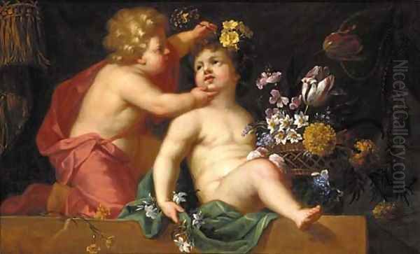 Putti playing with a basket of flowers on a ledge Oil Painting by Jean-Baptiste Monnoyer