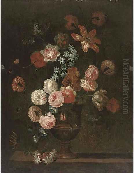 Roses, a parrot tulip, morning glory and other flowers in an urn on a ledge Oil Painting by Jean-Baptiste Monnoyer