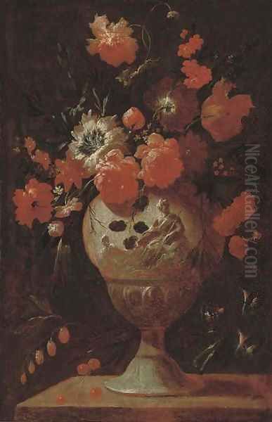 Roses, carnations and other flowers in a vase on a ledge Oil Painting by Jean-Baptiste Monnoyer