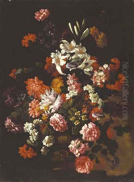 Roses, carnations, lillies, blue bells, morning glory and other flowers in an urn on a ledge Oil Painting by Jean-Baptiste Monnoyer