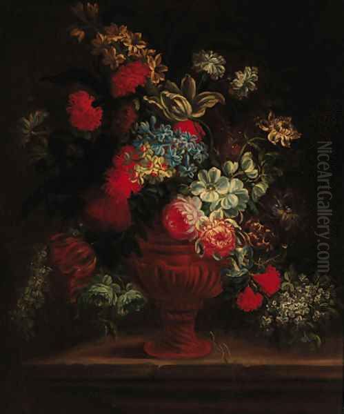 Roses, carnations, peonies, morning glory and other flowers in a sculpted urn on a ledge Oil Painting by Jean-Baptiste Monnoyer