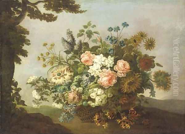 Roses, carnations, sunflowers, honeysuckle and other flowers in a basket by a tree in a hilly landscape Oil Painting by Jean-Baptiste Monnoyer