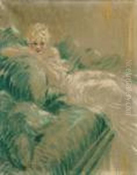 Elegante A La Robe Blanche Oil Painting by Louis Icart