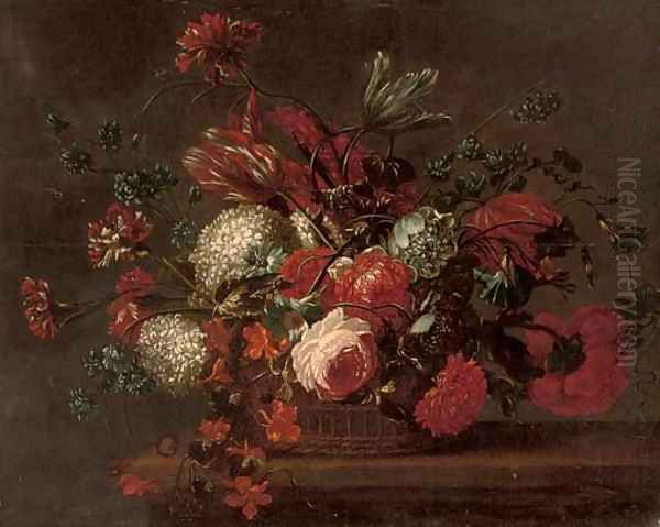 Roses, carnations, tulips, morning glory and other flowers in a basket on a ledge Oil Painting by Jean-Baptiste Monnoyer