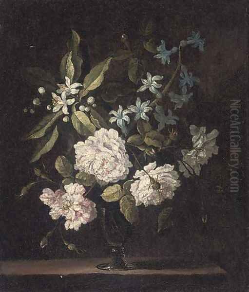 Roses, orange blossom and hyacinths, in a glass vase on a stone ledge Oil Painting by Jean-Baptiste Monnoyer