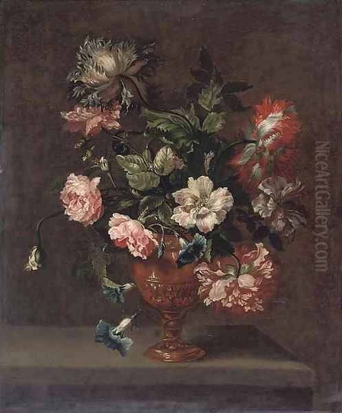 Roses, peonies and convulvulus in a sculpted urn on a stone ledge Oil Painting by Jean-Baptiste Monnoyer