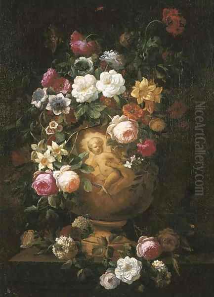 Roses, poppies and other flowers in a sculpted vase on a pedestal Oil Painting by Jean-Baptiste Monnoyer