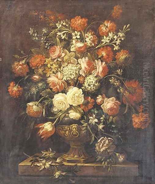 Roses, tulips, carnations, forget-me-nots and other flowers in a sculpted urn on a ledge Oil Painting by Jean-Baptiste Monnoyer