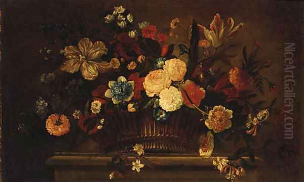 Roses, Tulips, Carnations, Morning Glory and other Flowers in a Basket on a Ledge Oil Painting by Jean-Baptiste Monnoyer