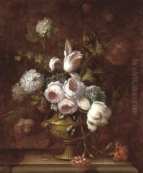 Roses, tulips, carnations, morning glory and other flowers in an urn on a ledge Oil Painting by Jean-Baptiste Monnoyer